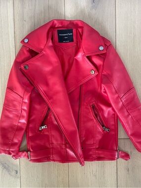 Kids Red Faux Leather Moto Jacket, Size 6-7